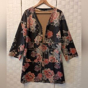 Floral Open-Front Kimono Robe in Black with Coral & Cream Flowers — Unbranded